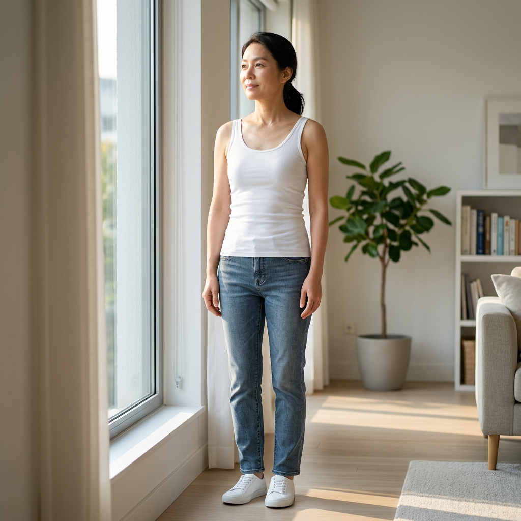 A woman wearing a white tank top and jeans standing by a large window looking outside