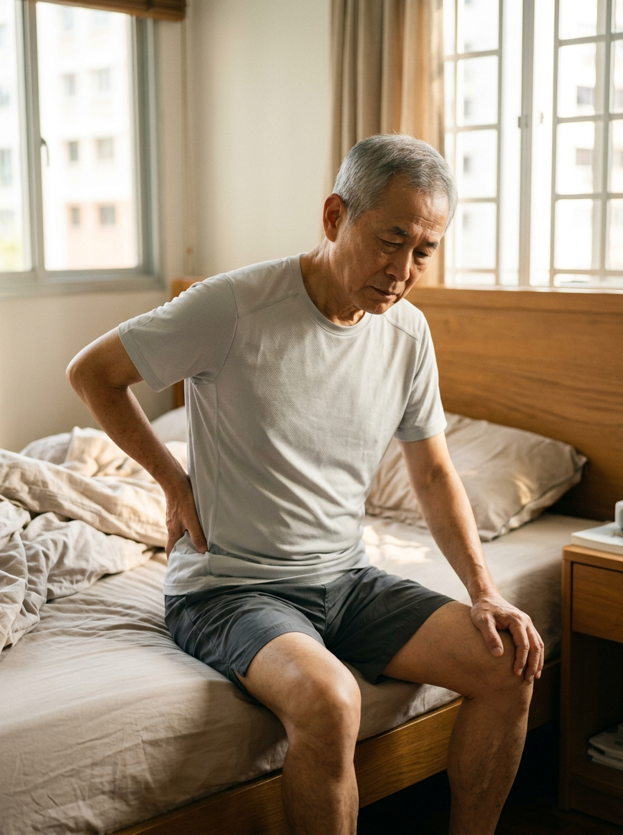 Older man in gray shirt and shorts sitting on bed holding his lower back in pain