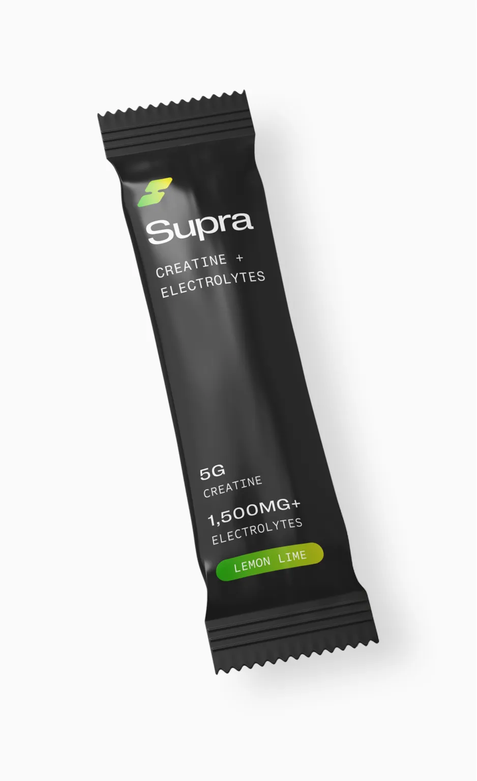 Black packet of Supra Creatine + Electrolytes powder, lemon lime flavor, 5g creatine.