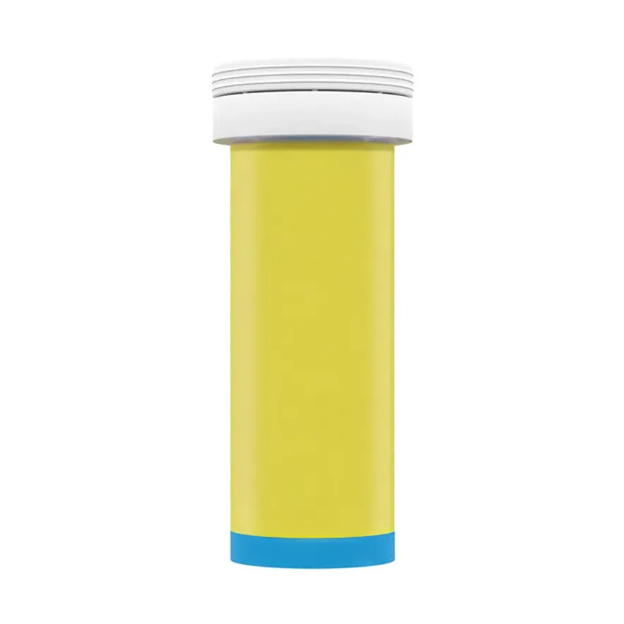 Yellow electrolyte tablet bottle with white cap and blue base on white background.