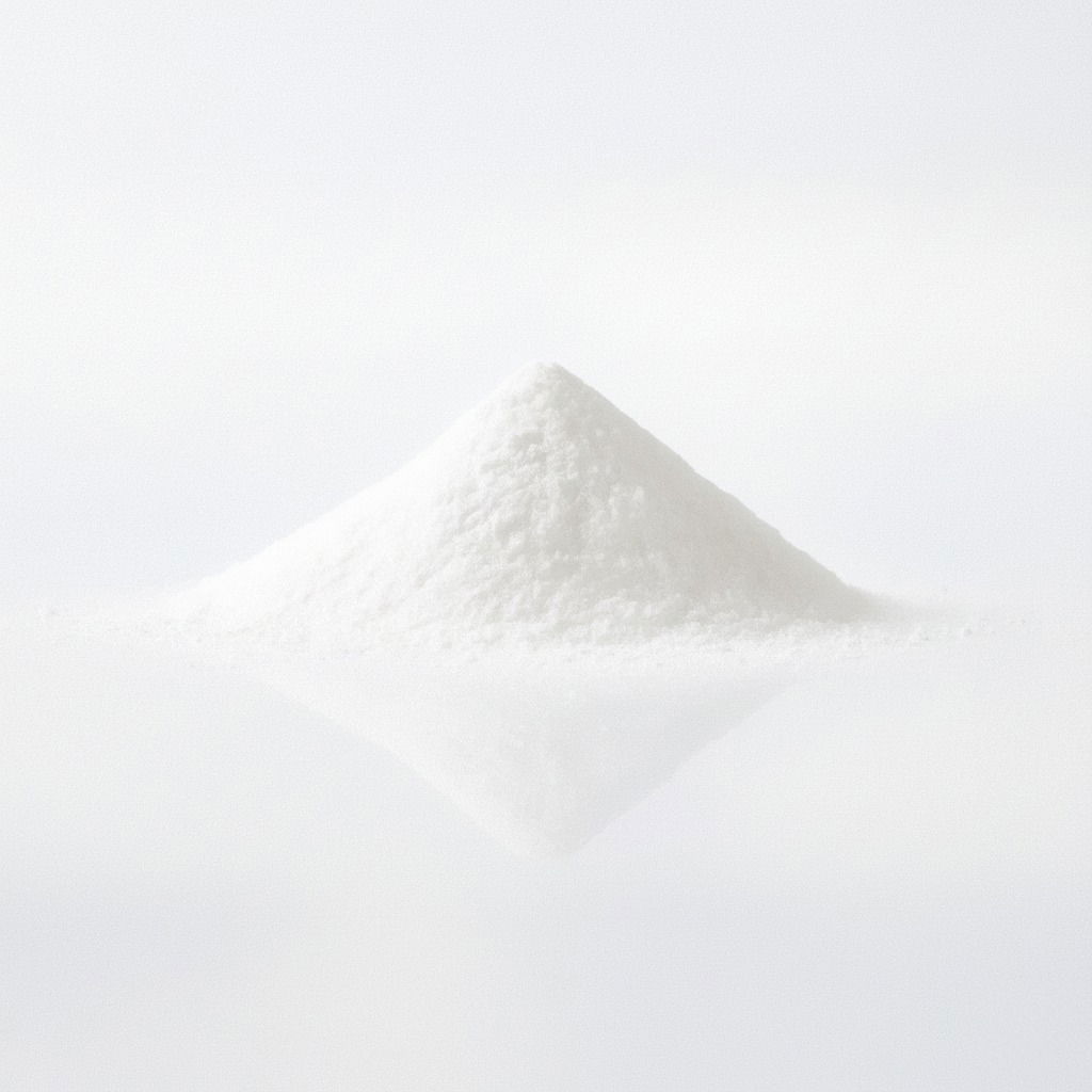Pile of creatine monohydrate on a white reflective background.