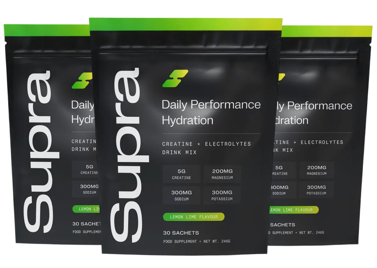 Three black pouches of Supra Daily Performance Hydration lemon lime drink mix.