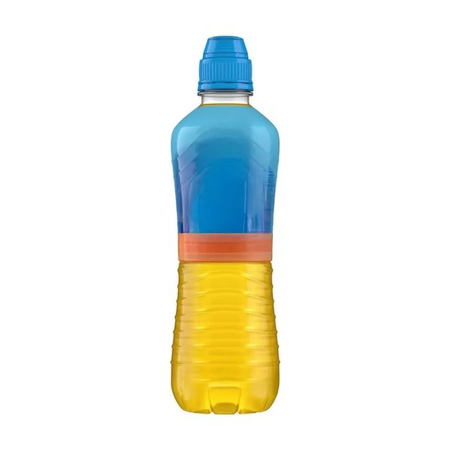 Clear plastic bottle containing blue and yellow liquid separated by an orange band.