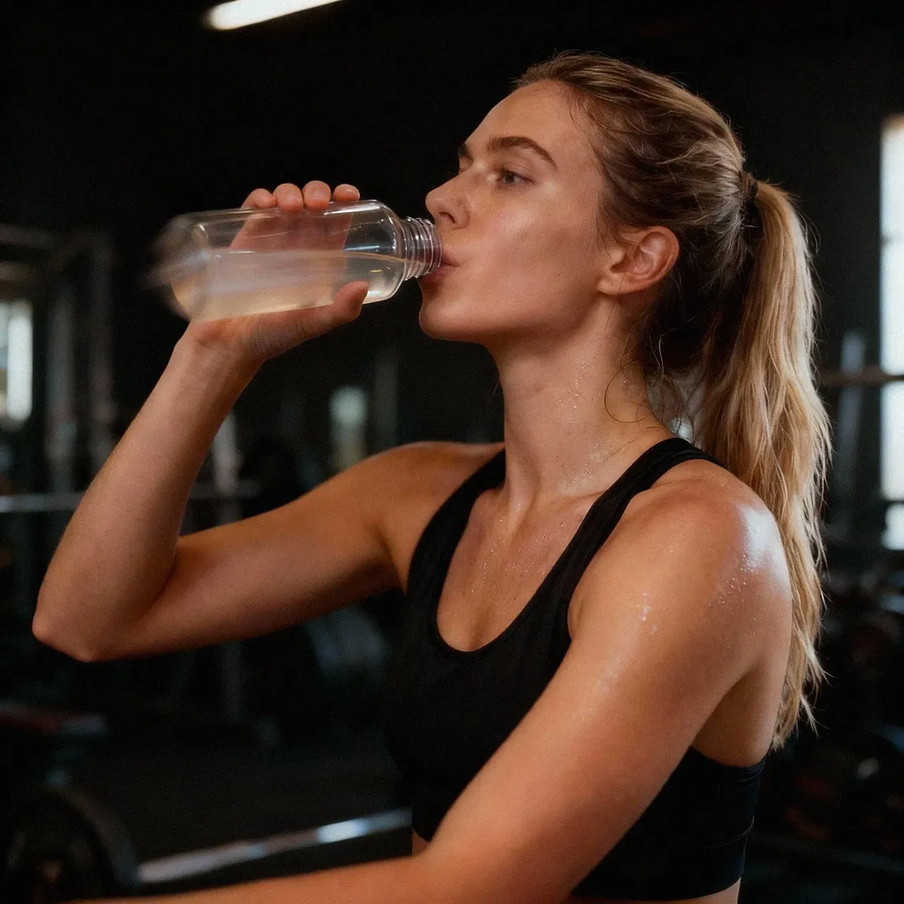 Woman in black sportswear drinking Supra creatine and electrolytes from a bottle in a gym setting.