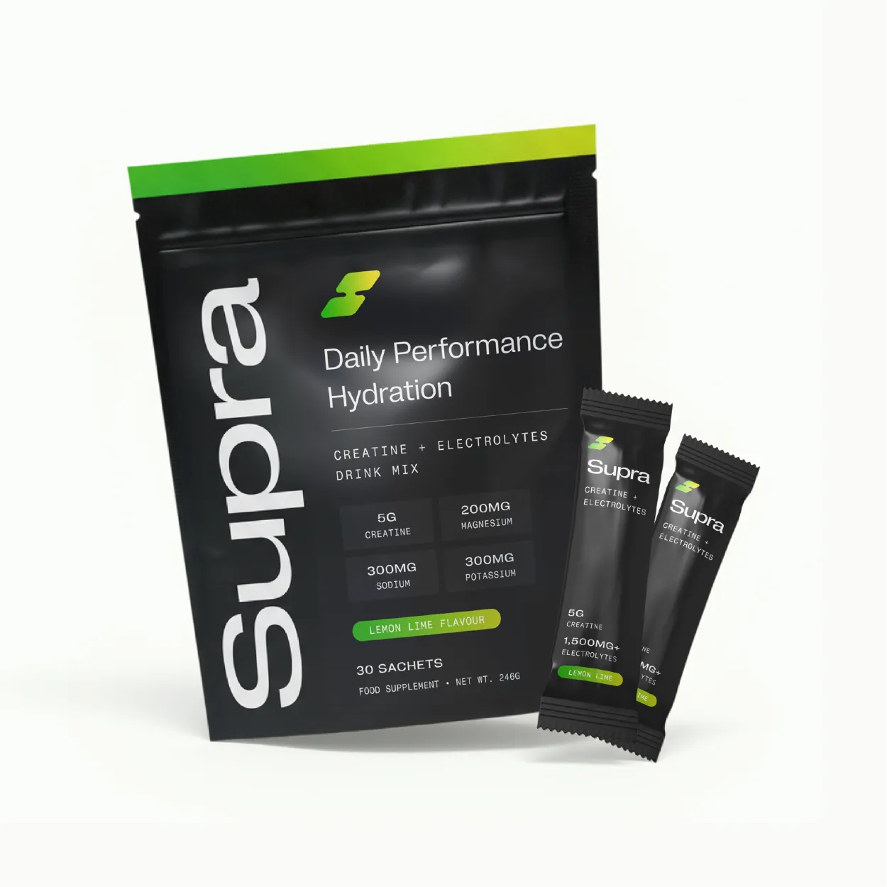 Black packet of Supra Daily Performance Hydration drink mix with two individual sachets.