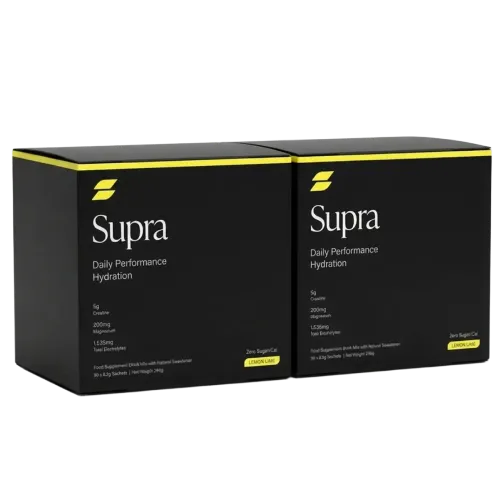Two black boxes of Supra daily performance hydration supplement with lemon lime flavor