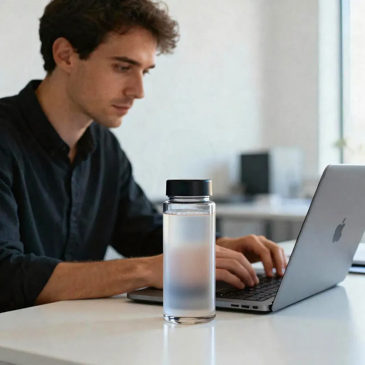 Young man working on a laptop with a clear glass bottle of Supra creatine and electrolytes in the foreground on a white table.