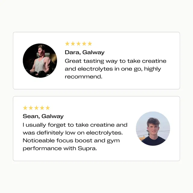 Two five-star reviews from Dara and Sean in Galway praising a creatine and electrolyte product.