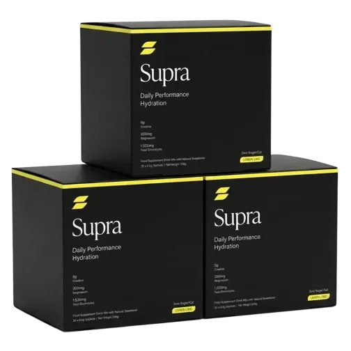 Three black and yellow boxes of Supra Daily Performance Hydration supplement