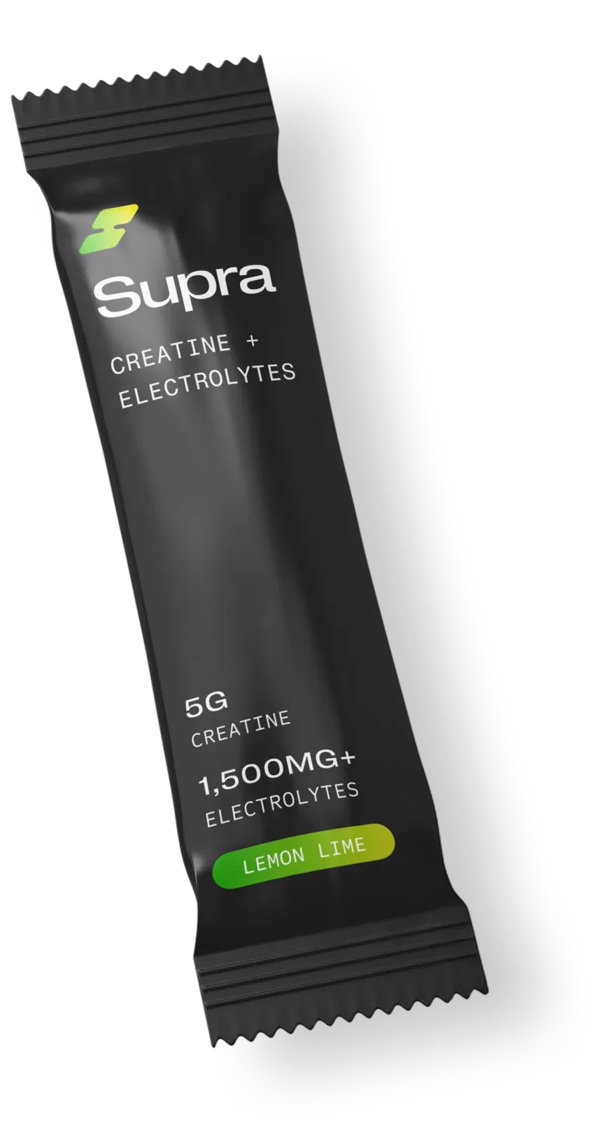Black packet labeled Supra with creatine and electrolytes, lemon lime flavor, 5g creatine.