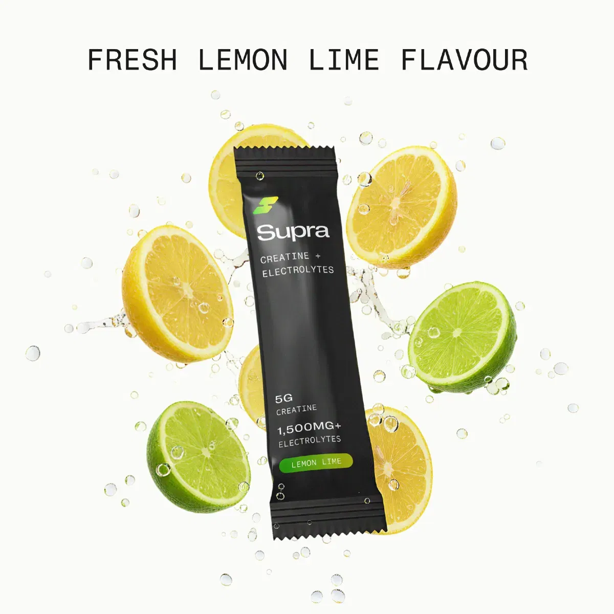 Supra creatine and electrolytes packet surrounded by lemon and lime slices with water bubbles.