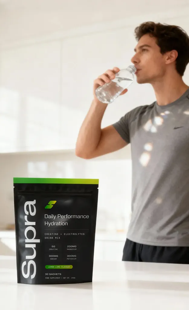 Man in gray shirt drinking water with a Supra Daily Performance Hydration packet on counter.