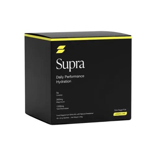 Black box of Supra Daily Performance Hydration with lemon lime flavor and key nutrient information