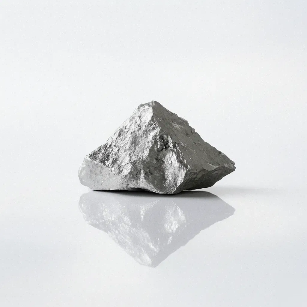 Raw magnesium block with rough texture reflecting on a smooth white surface against a white background.