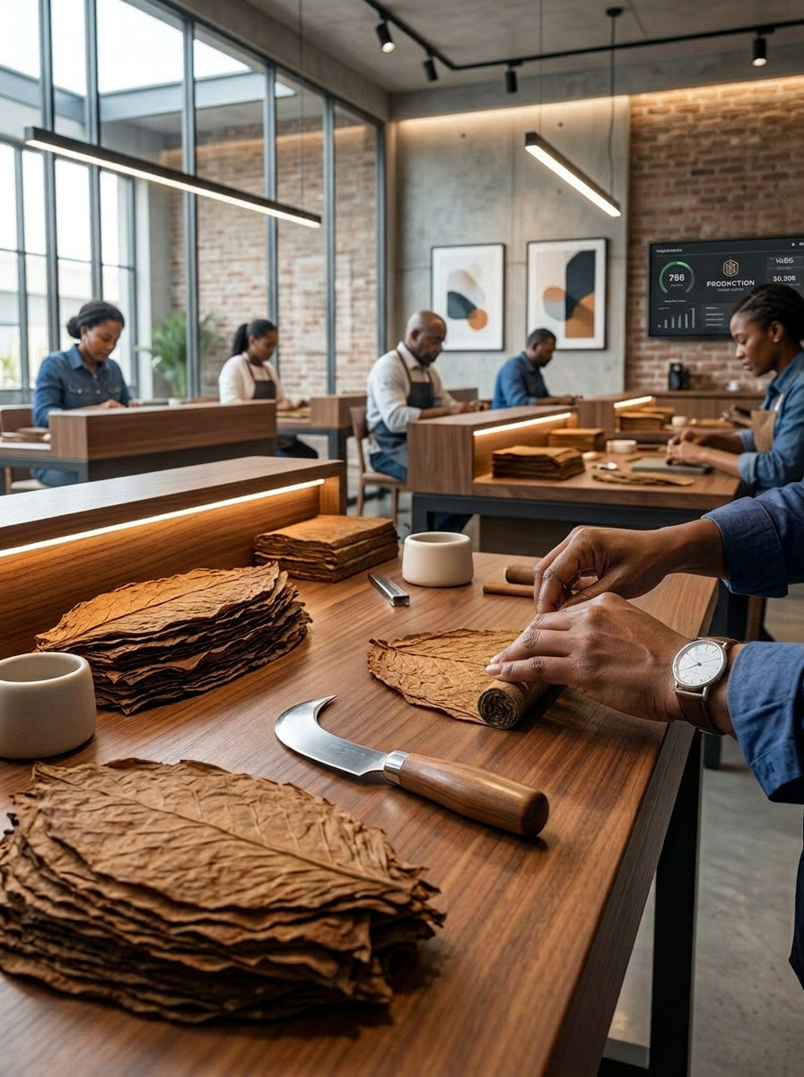 People rolling tobacco leaves into cigars in a modern workshop with wooden tables