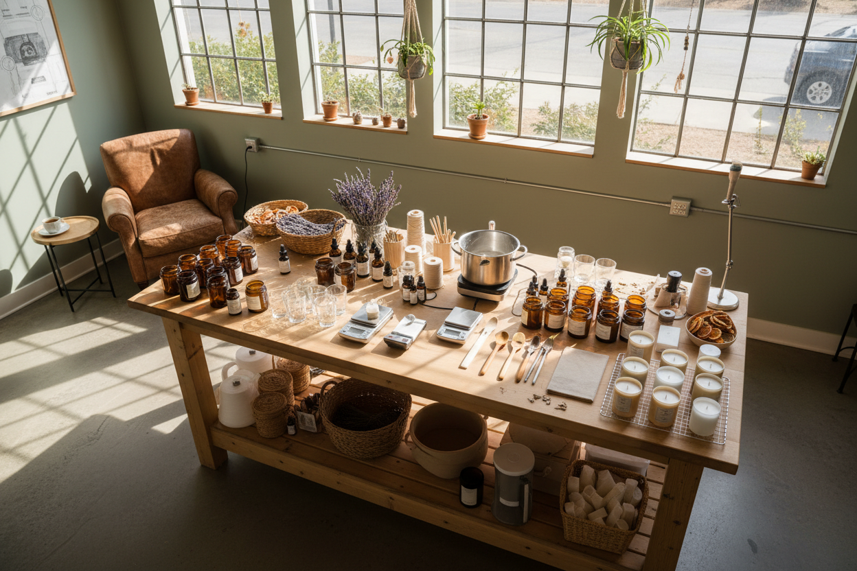 Organized professional candle making workspace with essential equipment and supplies