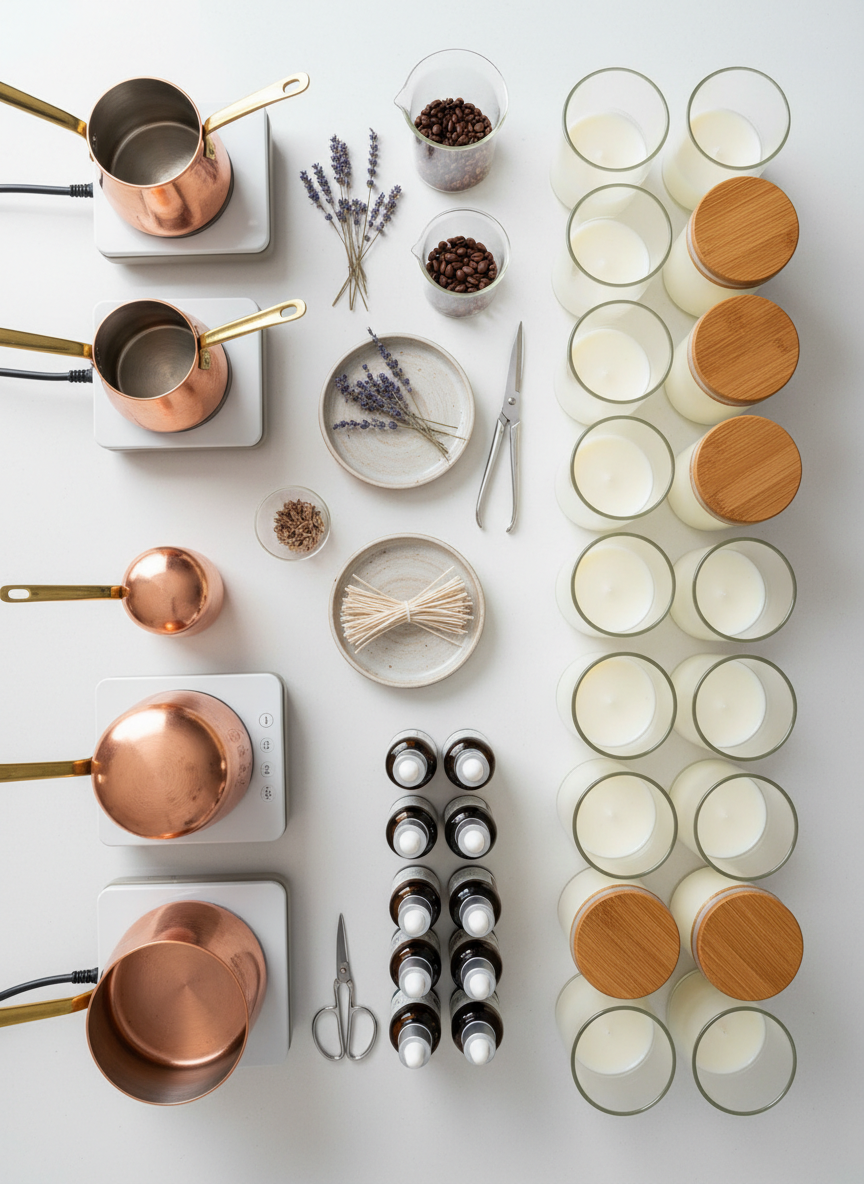 Essential equipment laid out for a small-batch candle making studio