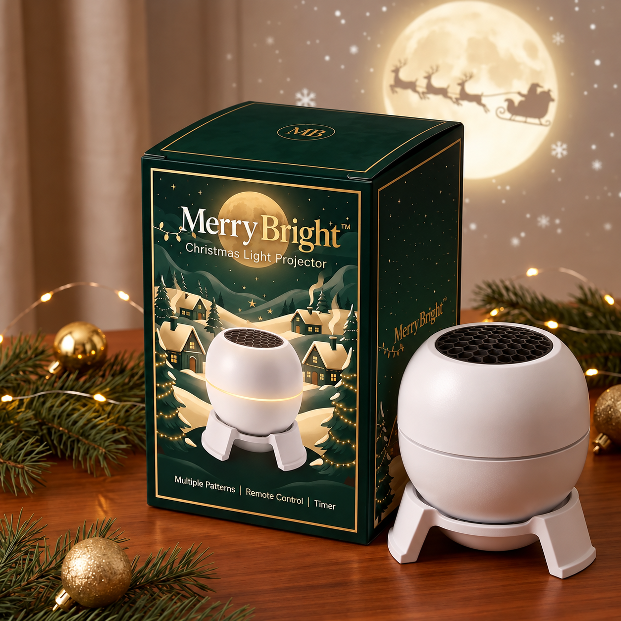 Projector beside its green and gold gift box with Santa's sleigh projected on the wall
