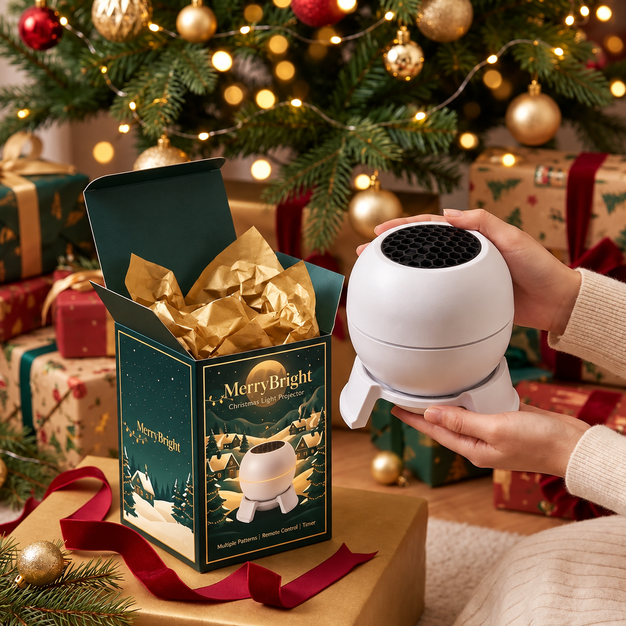 Unboxing the projector from its green and gold gift box under the Christmas tree