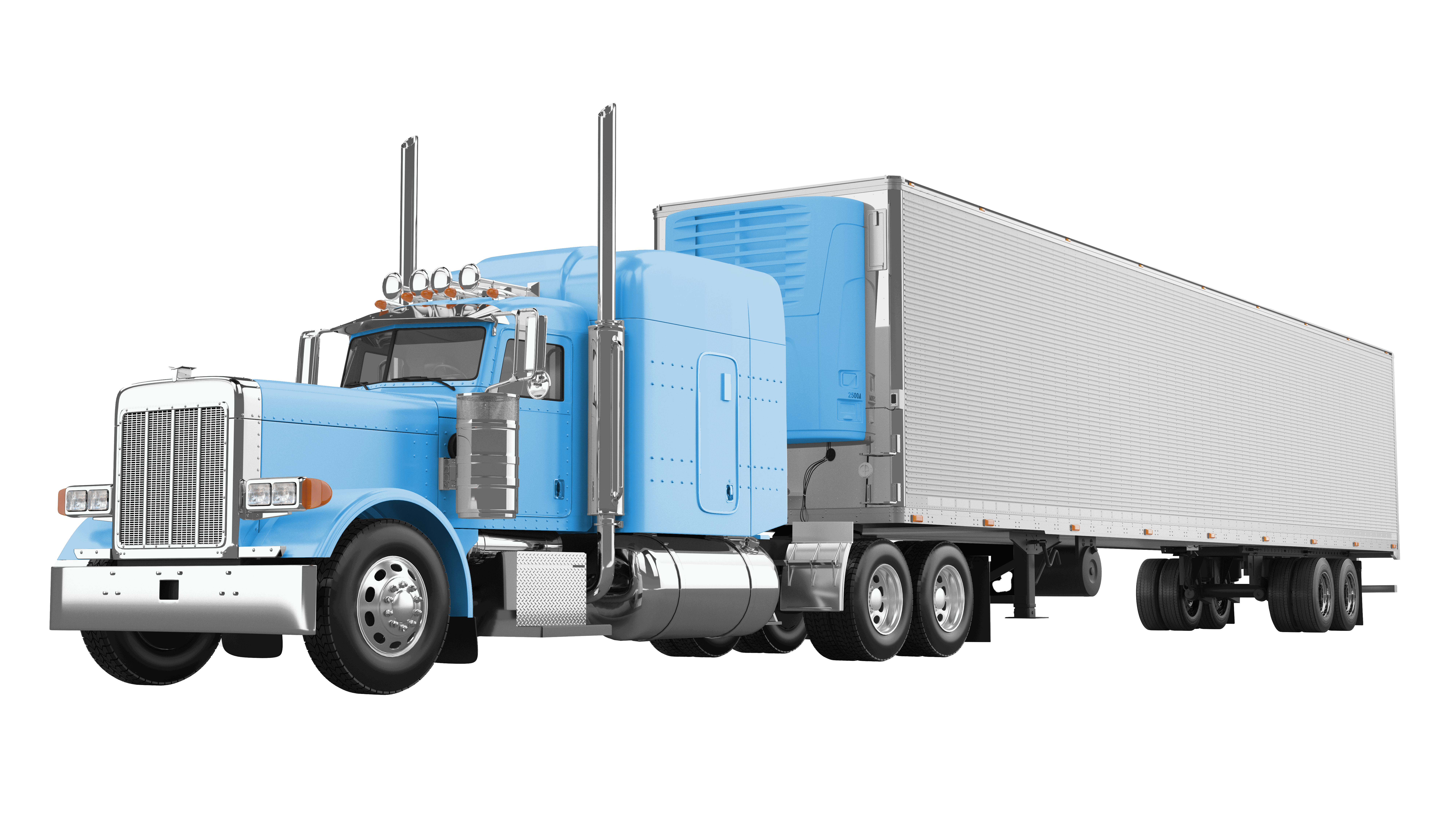 Semi-truck that has a blue cabin. Frieghtliner, Detroit Diesel, eaton, wabco brakes