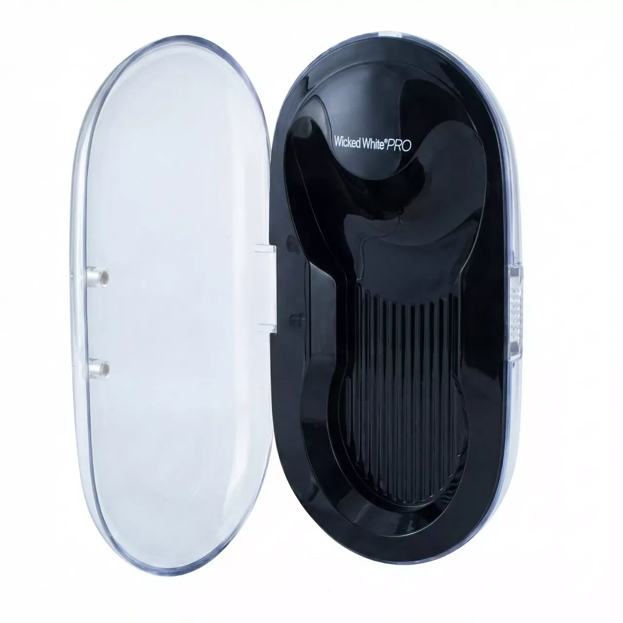 Open black and clear plastic mouth tray case labeled "Wicked White PRO" for teeth whitening.