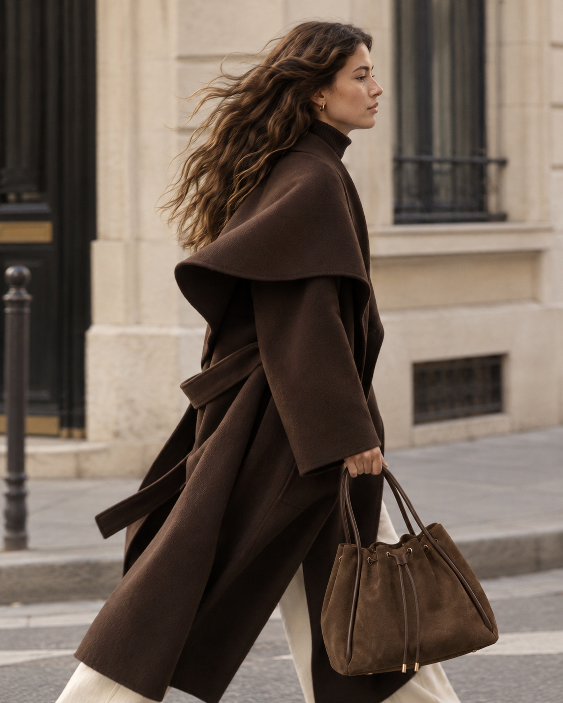 Cacao suede bucket tote resting on a tan leather car seat