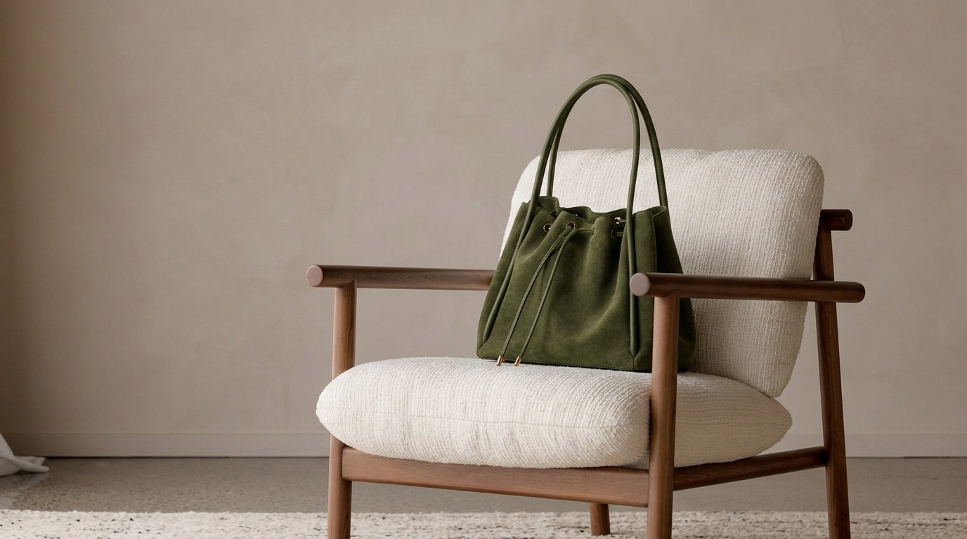 Woman in cream knitwear carrying the olive suede bucket tote in late afternoon light