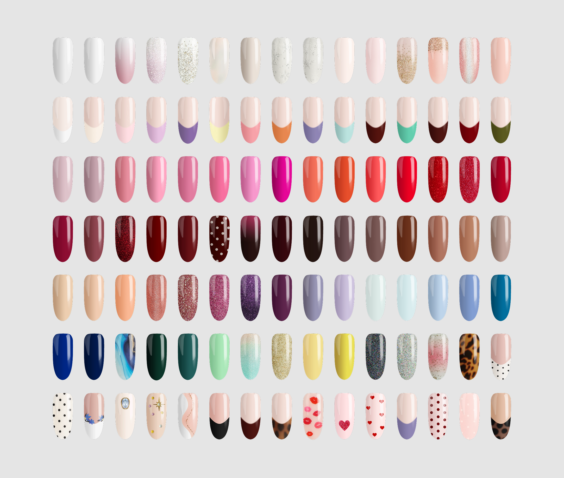 Hands wearing a variety of Sassy Saints gel nail wrap designs