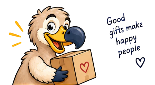 Friendly DodoPants dodo mascot hugging a parcel marked with a heart