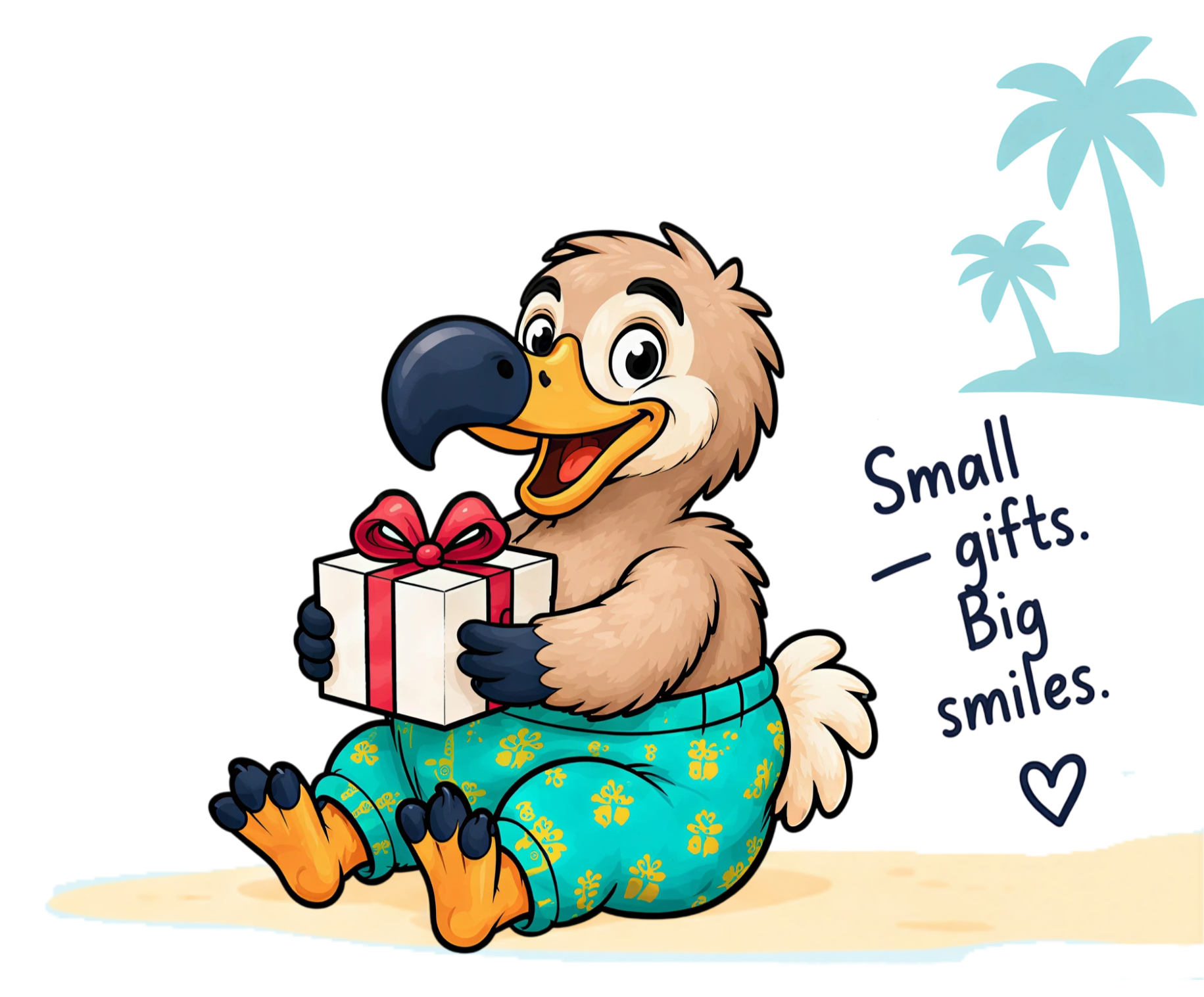 Cartoon dodo bird in tropical shorts sitting on the sand holding a wrapped gift
