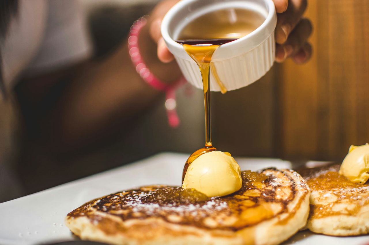 Maple Terroir syrup being poured onto pancake