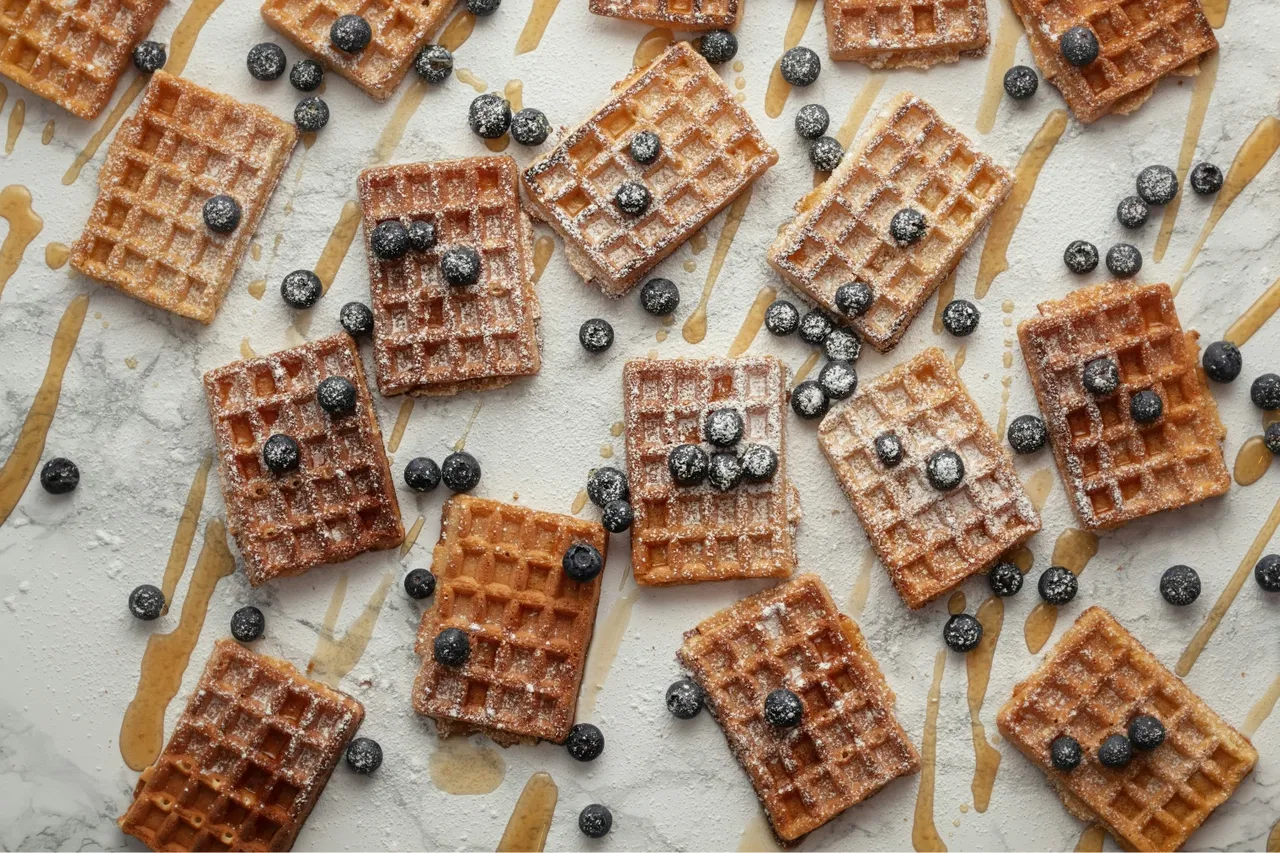 Waffles with blueberries, powdered sugar, and syrup are scattered on a marble surface.