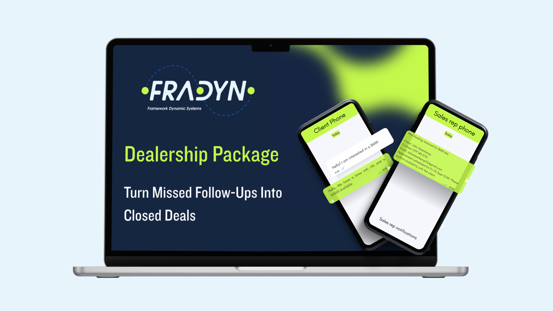 Fradyn Dealership Package shown on a laptop with client and sales rep phone conversations