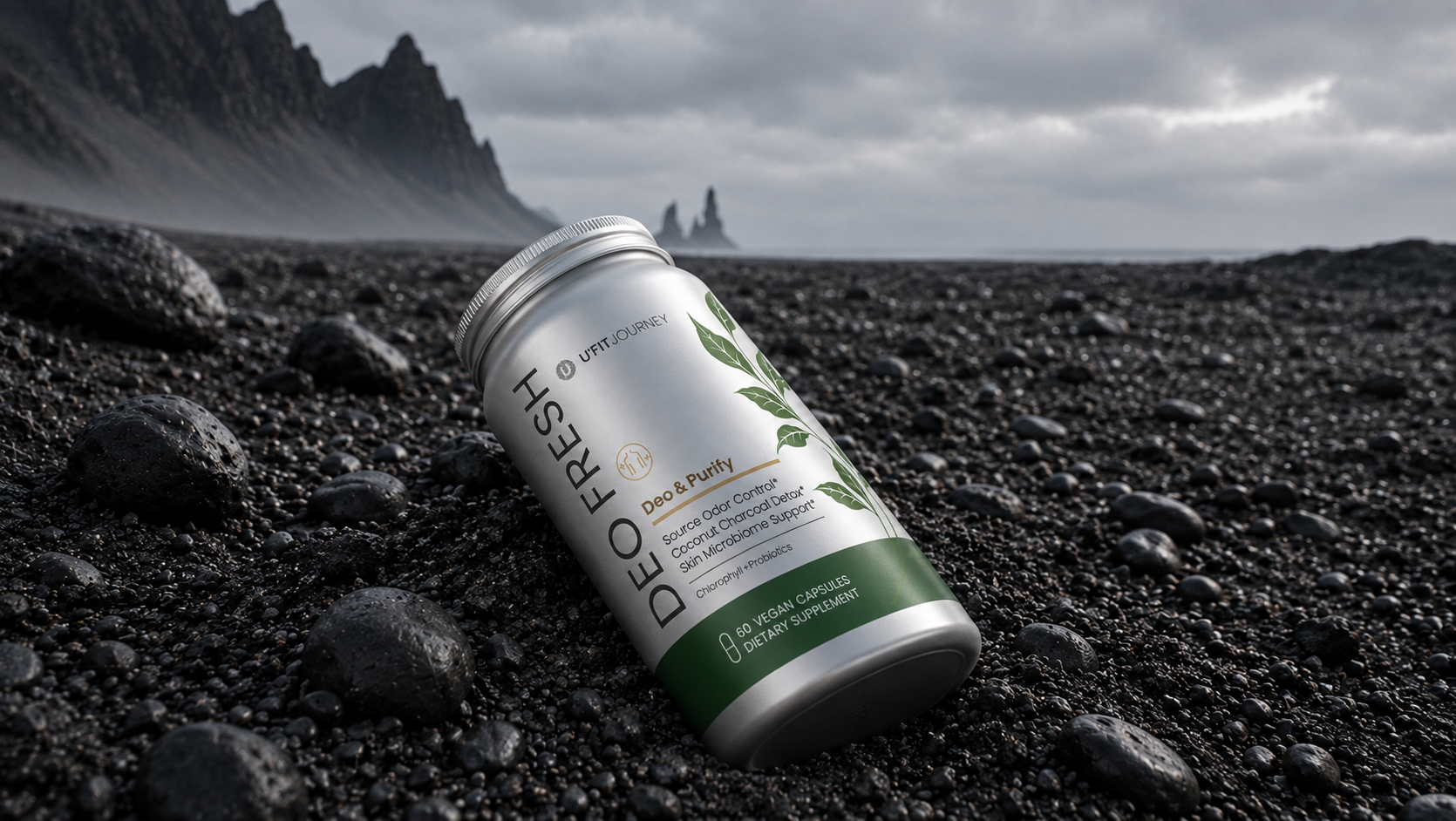 Deo Fresh bottles on black sand