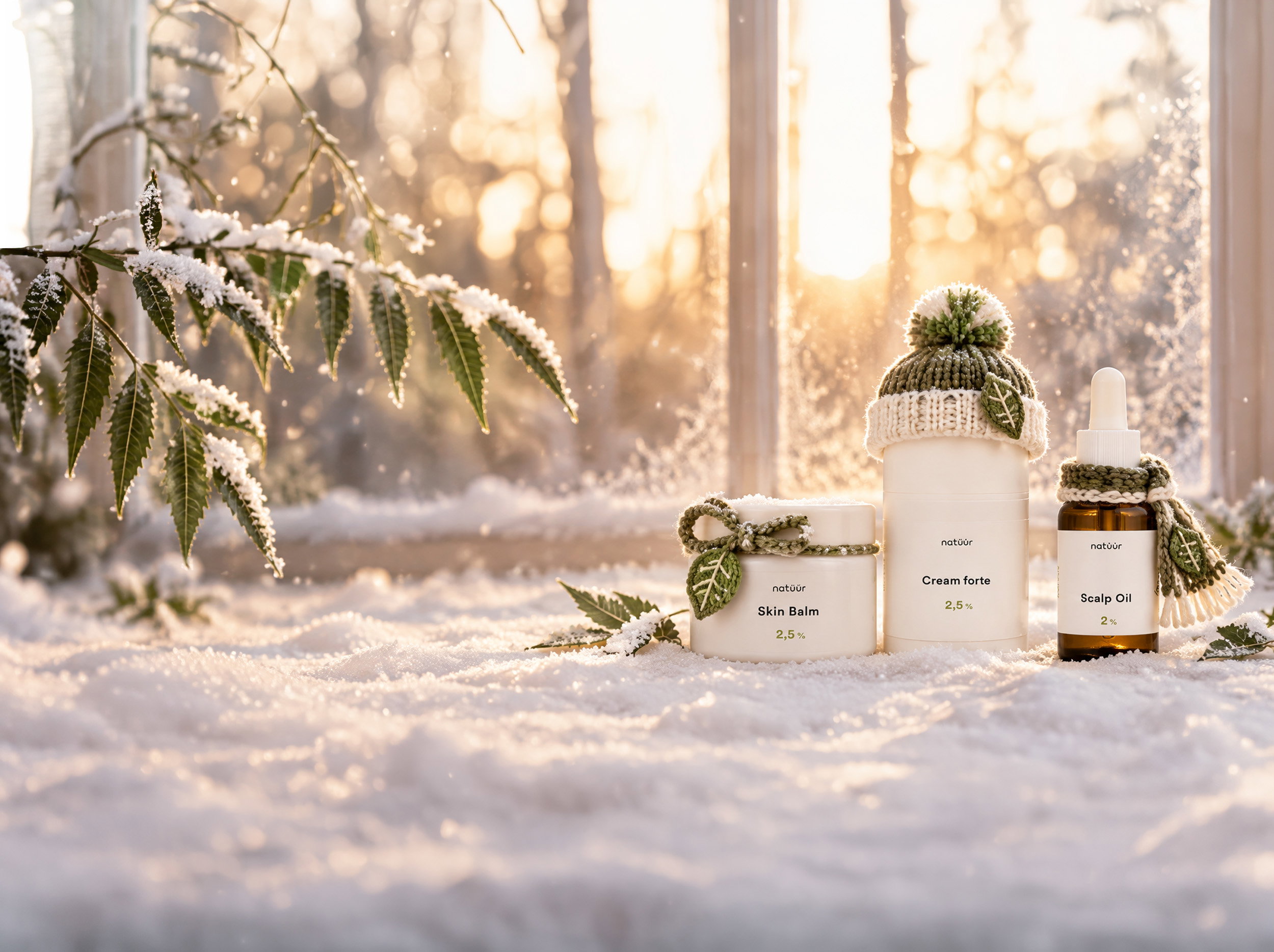 natüür Skin Balm, Cream forte und Scalp Oil mit grüner Strickschleife, Mütze und Schal im Schnee, mit verschneiten Neemblättern und warmem, goldenem Fensterlicht