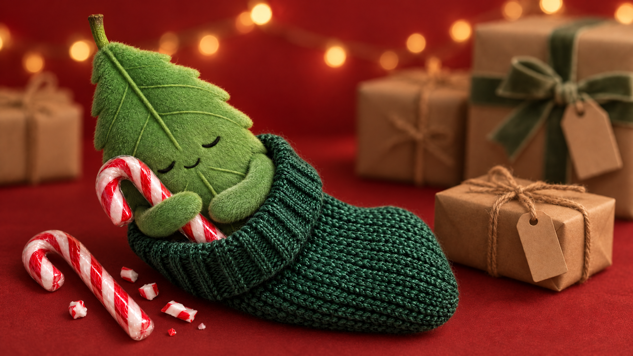 Eine grüne Plüschfigur in Blattform umarmt eine Zuckerstange in einem grünen Strickstrumpf, dazu Geschenke in Kraftpapier und Lichterketten vor rotem Hintergrund