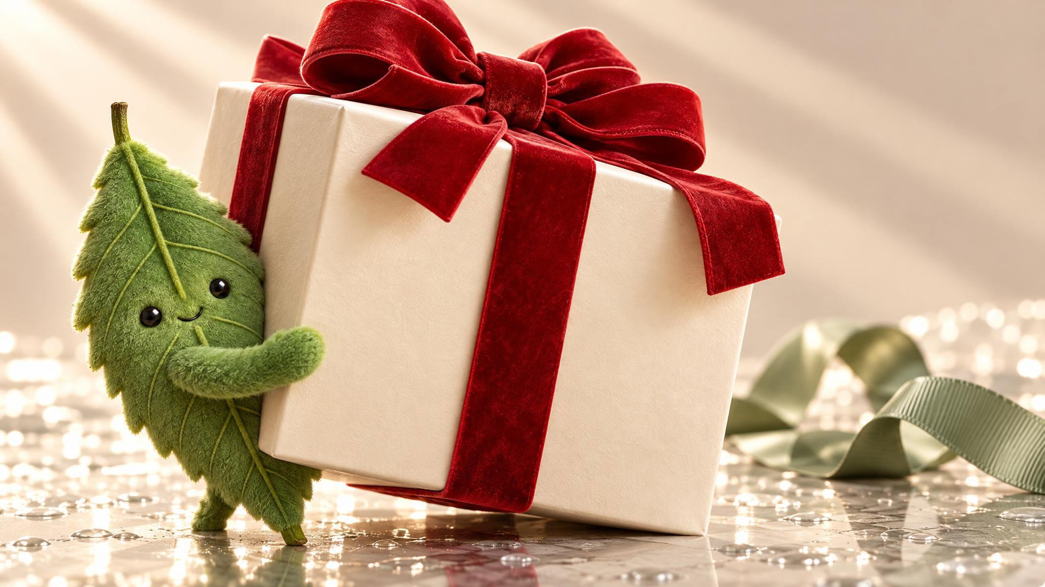 Eine grüne Plüschfigur in Blattform hält ein kleines Kraftpapier-Geschenk mit grüner Samtschleife, daneben eine offene Geschenkbox mit Zuckerstange und Mini-Strickstrumpf, vor rotem Hintergrund mit Lichterkette
