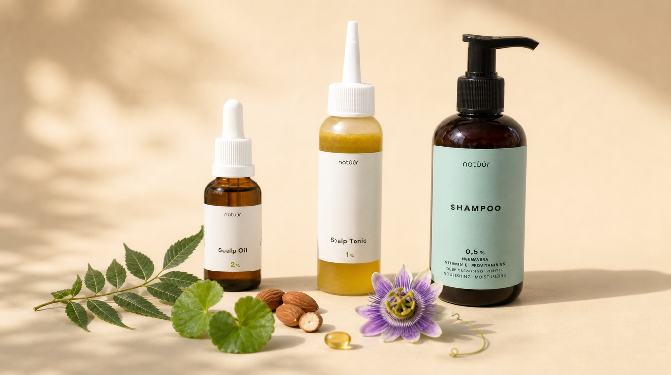 natüür Happy Scalp Set: Scalp Oil, Scalp Tonic und Shampoo mit Neemblättern, Mandeln und einer Passionsblume vor warmem, cremefarbenem Hintergrund