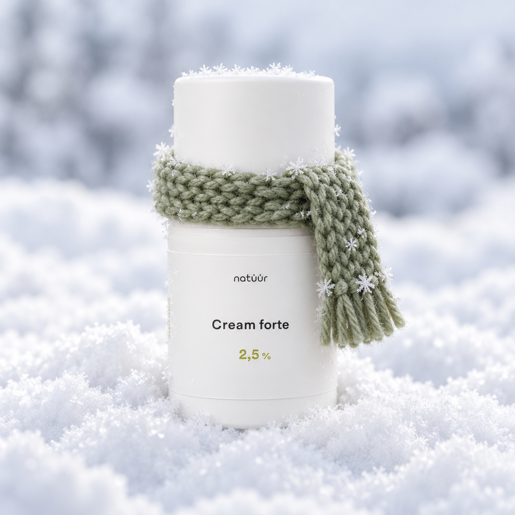 Rich cream forte  mit grünem Strickschal im Schnee