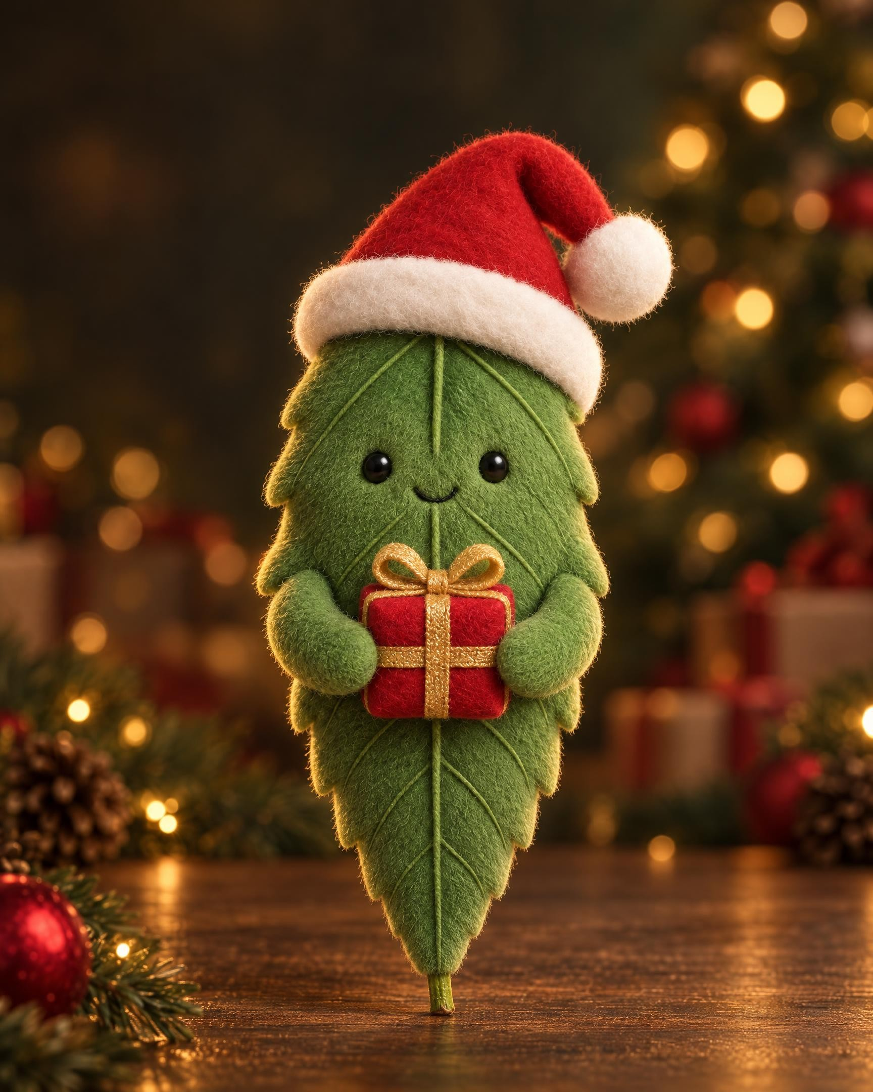 Neemo, das Neemblatt aus Filz, mit Weihnachtsmütze und einem roten Geschenk mit goldener Schleife auf einem Holztisch, dahinter Geschenke und ein leuchtender Weihnachtsbaum