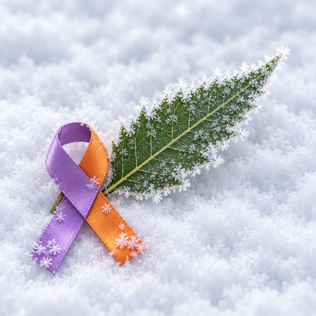 Psoriasis-Awareness-Schleife neben einem gefrorenen Blatt im Schnee