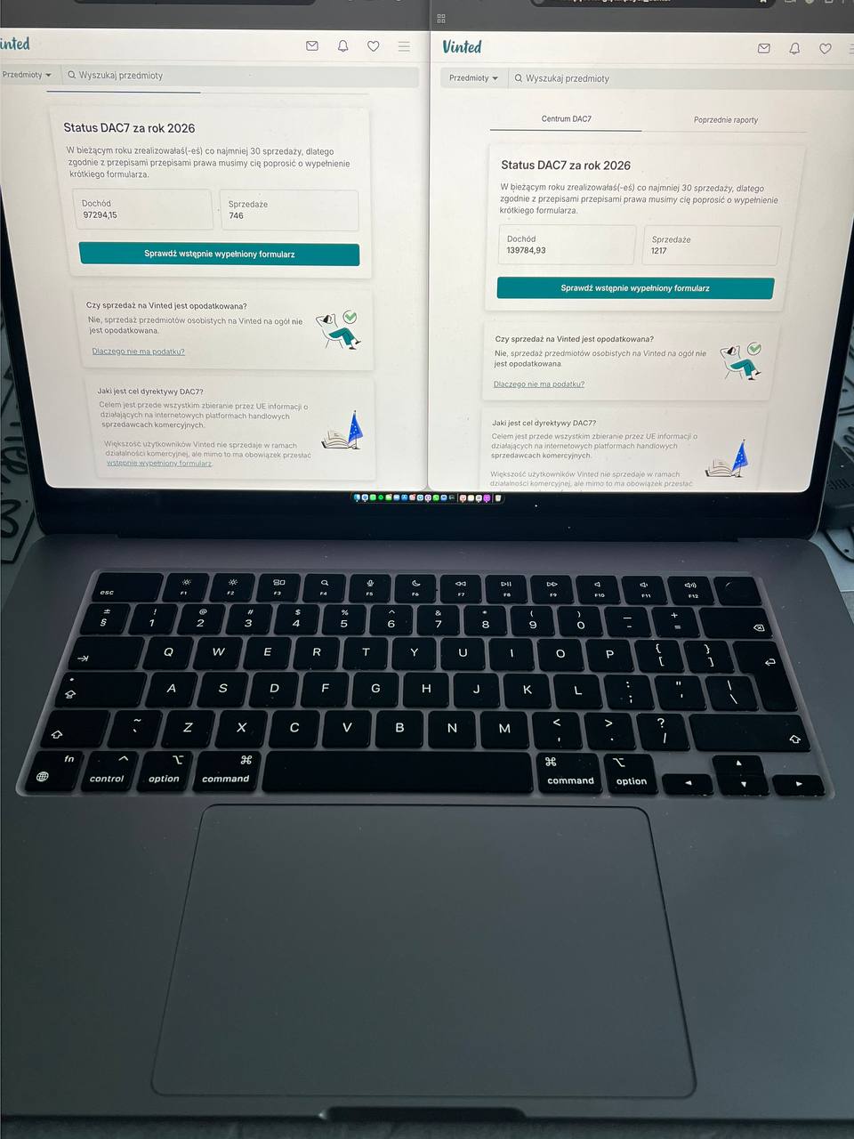 Raporty DAC7 z dwóch kont Vinted: przychód 97 294 zł i 139 784 zł