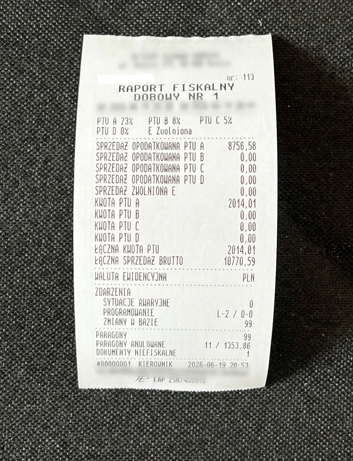 Raport fiskalny dobowy: 99 paragonów i 10 770,59 zł sprzedaży brutto