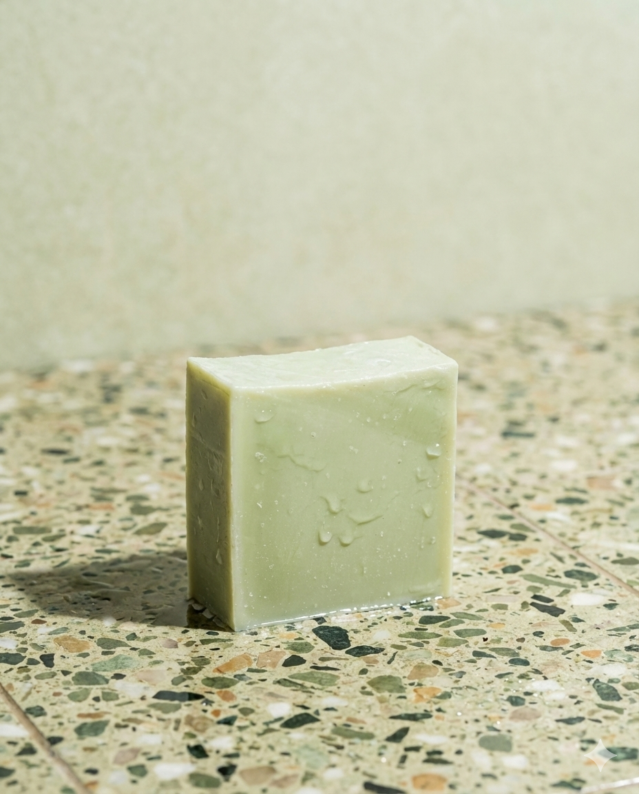 Green soap bar on green terrazzo tiles