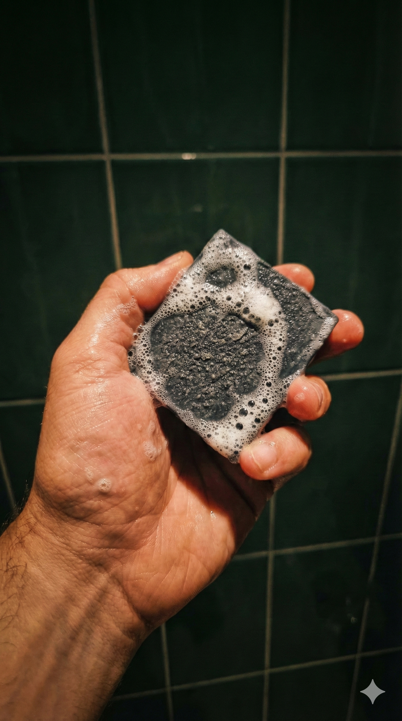 Hand holding a foamy black soap bar against a dark green tiled background.