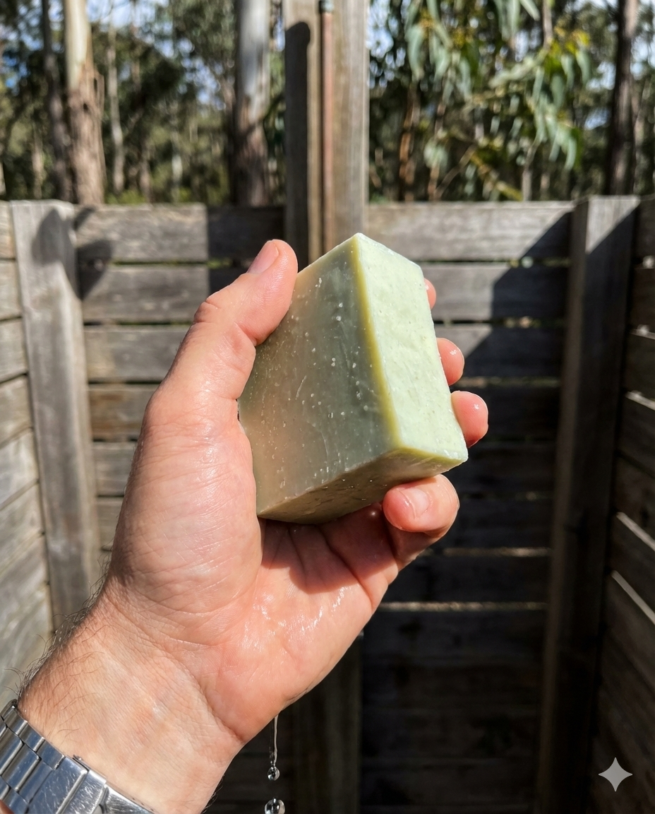 Man holding green soap bar in outdoor shower