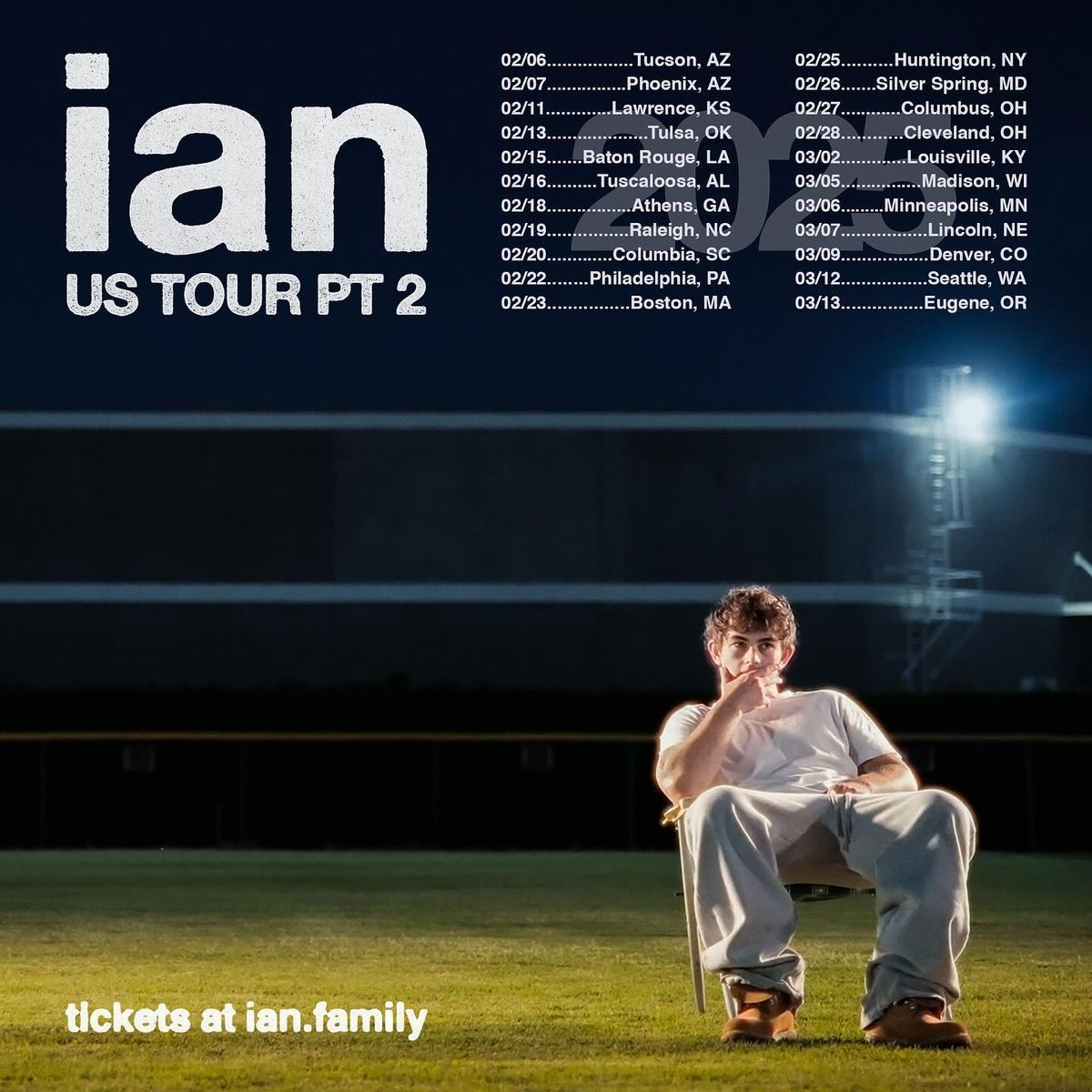ian sitting in a chair on a floodlit baseball field at night, US Tour Pt 2 poster