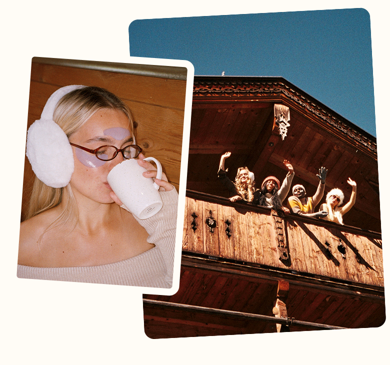 Woman in white earmuffs sipping from a mug, and friends waving from a wooden chalet balcony