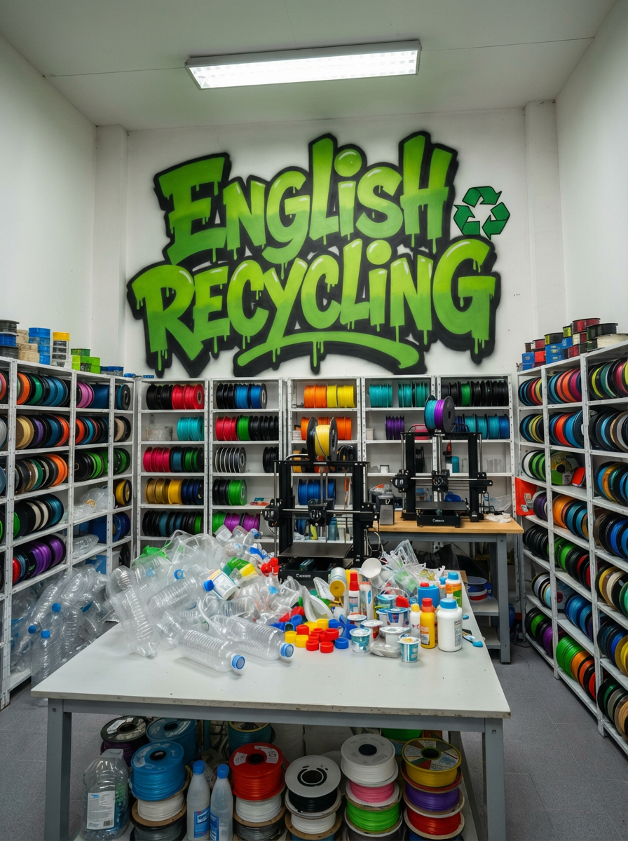 Room filled with shelves of colorful 3D printing filament spools and plastic bottles for recycling