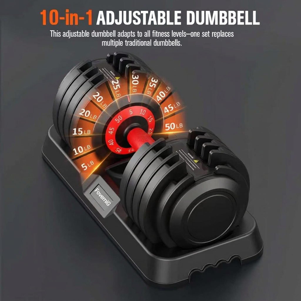 FitLife adjustable dumbbell pair side by side in storage trays